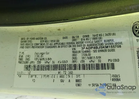 2019 Ford Fiesta Se z USA, uszkodzony, nr VIN 3FADP4BJ5KM155708